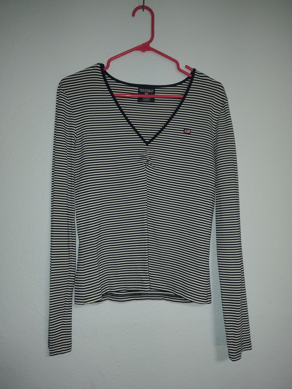 Polo by Ralph Lauren Black and White Striped V-Neck Long Sleeve Top